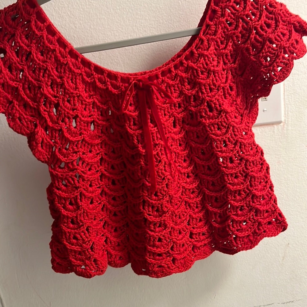Deluxe Crochet Blouse color red cranberry size small/medium
